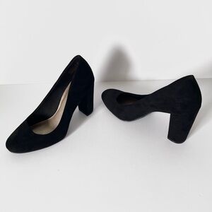 FIONI Mila Block Heel 10W Black Faux Suede High-Vamp 4” Heel Corporate Goth Shoe